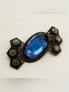 Vintage Art Nouveau Blue Czech Glass Filigree Brooch Scarf Pin Purse Charm